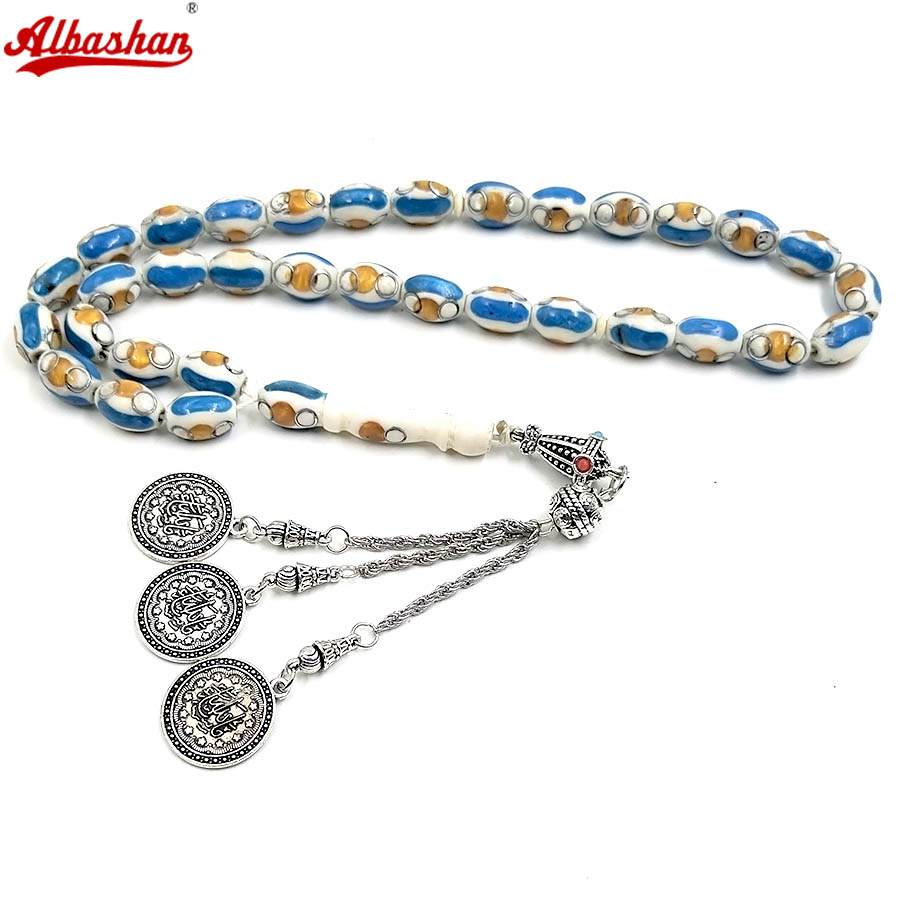 Ethnic Fashion Online - Mavi çizgili deve kemiği tesbih 33